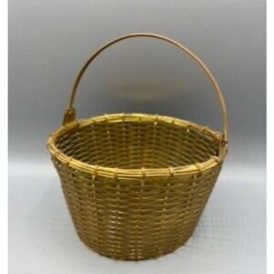 Vtg Metal Brass Tone Woven Metal Basket With Handle Made In India